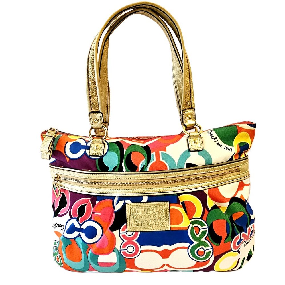 Coach Poppy Rare Vintage Bright Multicolor Gold Accents Purse Tote Style #F20080 - Picture 2 of 16